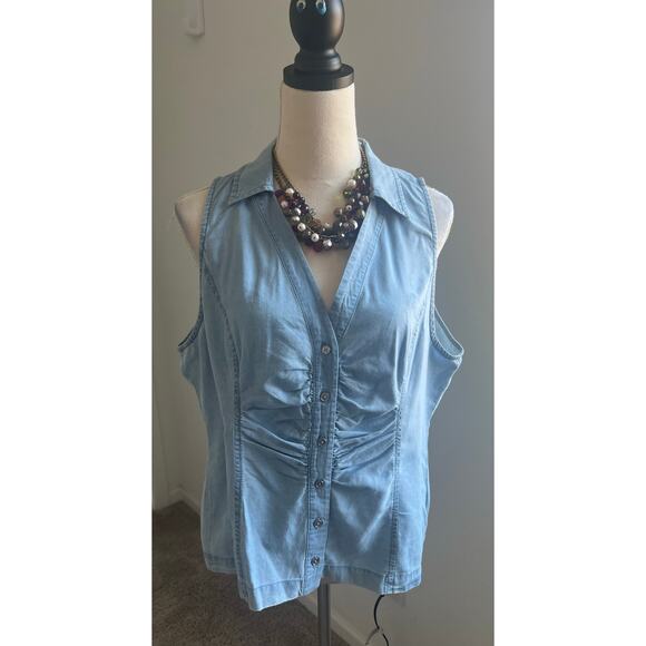 NWT Michael Kors Button Ruched Front Collar SkyBlue Sleeveless Blouse Shirt P/XL - Picture 1 of 9